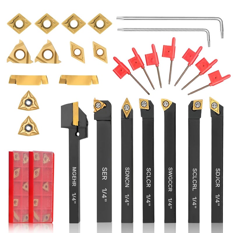 Joogto Indexable Lathe Turning Tool 21Pcs Kit 1/4'' 6mm Shank 7Pcs Metal Lathe Tools Holder Set with 14Pcs Turning Inserts for Turning Grooving Threading Boring Carbide Inserts Carbide Turning Tool - Image 1